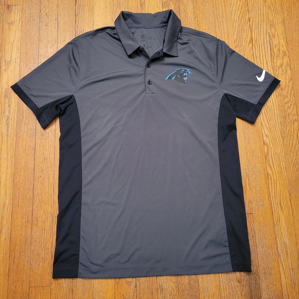Nike L Polo Shirt Grey Black Carolina Panthers NFL Dri Fit Football Team Sport